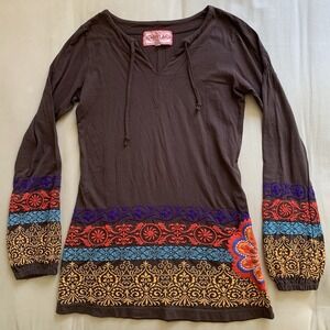 JWLA Johnny Was Brown Embroidered Long Sleeve Boho Tunic Top S Festival Floral